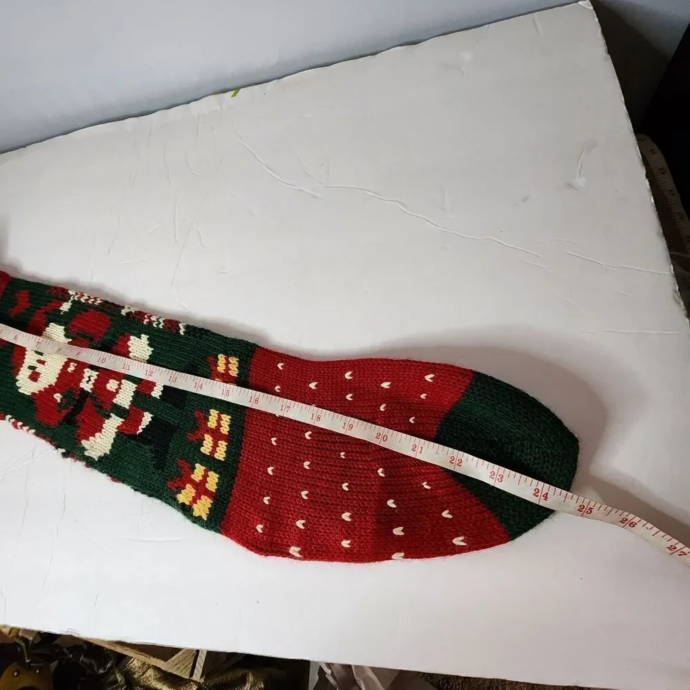 New Vintage Acrylic Knit Christmas Stocking Sock Santa Pom Pom 25”